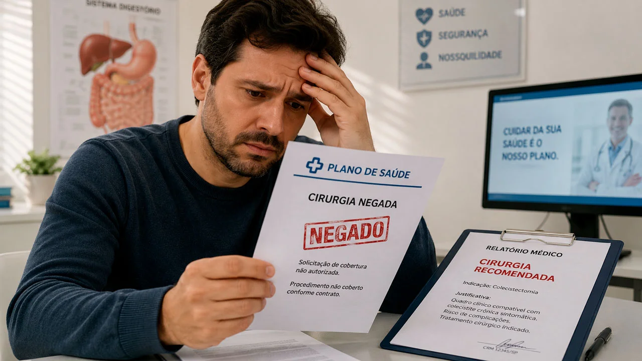 Paciente lendo comunicado de cirurgia negada pelo plano de saúde